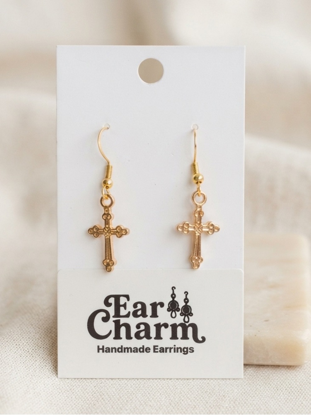 New Gold Enamel Cross Dangle Earrings